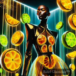 A futuristic high-fashion model in a gold and black outfit, surrounded by glowing citrus slices. A bold, luxurious representation of citrus fragrances.